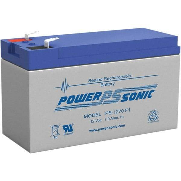 Power-Sonic - Lead-Acid, Quick-Disconnect Tab Terminal, 12 Volt, 7 Amp, Lead Rechargeable Battery - 3/16" Tab Width x 0.8mm Tab Thickness, 2.56" Wide x 3.7" High x 5.95" Deep - Apex Tool & Supply