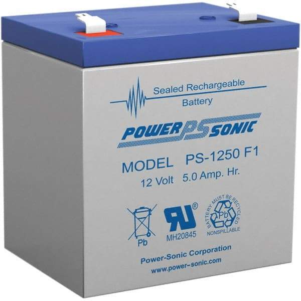 Power-Sonic - Lead-Acid, Quick-Disconnect Tab Terminal, 12 Volt, 5 Amp, Lead Rechargeable Battery - 3/16" Tab Width x 0.8mm Tab Thickness, 2.76" Wide x 3.98" High x 3.54" Deep - Apex Tool & Supply