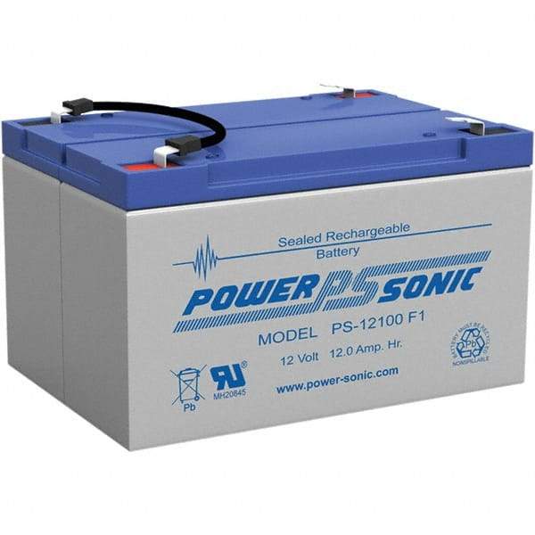 Power-Sonic - Lead-Acid, Quick-Disconnect Tab Terminal, 12 Volt, 12 Amp, Lead Rechargeable Battery - 3/16" Tab Width x 0.8mm Tab Thickness, 4" Wide x 3.7" High x 5.95" Deep - Apex Tool & Supply