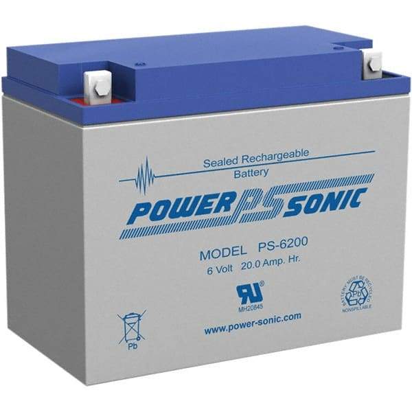 Power-Sonic - Lead-Acid, Nut/Bolt Terminal, 6 Volt, 20 Amp, Lead Rechargeable Battery - 5mm Hole Diam, 2mm Tab Thickness, 3.27" Wide x 4.92" High x 6.18" Deep - Apex Tool & Supply