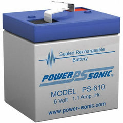 Power-Sonic - Lead-Acid, Quick-Disconnect Tab Terminal, 6 Volt, 1.1 Amp, Lead Rechargeable Battery - 3/16" Tab Width x 0.8mm Tab Thickness, 1.65" Wide x 2" High x 2" Deep - Apex Tool & Supply