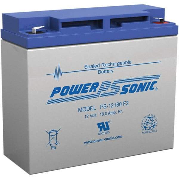 Power-Sonic - Lead-Acid, Quick-Disconnect Tab Terminal, 12 Volt, 18 Amp, Lead Rechargeable Battery - 1/4" Tab Width x 0.8mm Tab Thickness, 3" Wide x 6.59" High x 7.13" Deep - Apex Tool & Supply