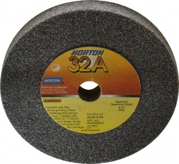 Norton - 46 Grit Aluminum Oxide Type 1 Internal Grinding Wheel - 4" Diam x 1/2" Hole x 1/2" Thick, 8,120 Max RPM, Type 1 Coarse Grade, K Hardness, Vitrified Bond, No Recess - Apex Tool & Supply
