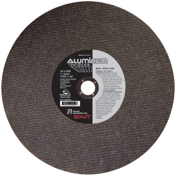 Sait - 14" Aluminum Oxide Cutoff Wheel - 3/32" Thick, 1" Arbor, 4,400 Max RPM, Use with Chop Saws - Apex Tool & Supply