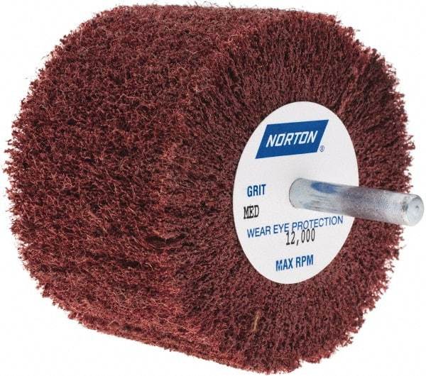 Norton - 3" Diam x 2" Face Width, Medium Aluminum Oxide Nonwoven Mounted Flap Wheel - 1/4" Shank Mount, 8,000 Max RPM - Apex Tool & Supply