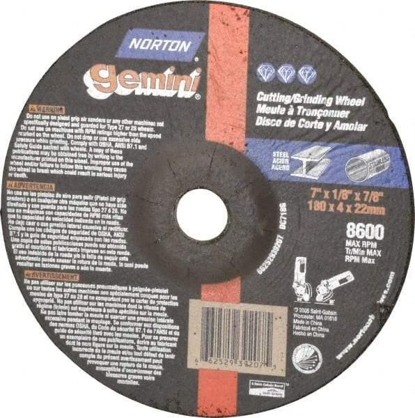 Norton - 7" Wheel Diam, 1/8" Wheel Thickness, 7/8" Arbor Hole, Type 27 Depressed Center Wheel - Aluminum Oxide, 8,600 Max RPM, Compatible with Angle Grinder - Apex Tool & Supply