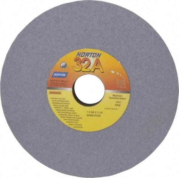 Norton - 7" Diam x 1-1/4" Hole x 3/4" Thick, K Hardness, 80 Grit Surface Grinding Wheel - Aluminum Oxide, Medium Grade, 3,600 Max RPM, Vitrified Bond - Apex Tool & Supply