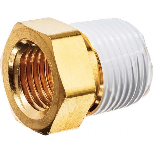 Brass Pipe Bushing: 3/8 x 1/4″ Fitting, FNPT x MNPT FNPT x MNPT w/Thread Sealant Ends, 2,800 psi, Brass Finish, Class Instrumentation