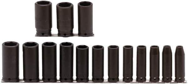 Proto - 15 Piece 1/2" Drive Deep Well Impact Socket Set - 6 Points, 3/8" to 1-1/4" Range, Inch Measurement Standard - Apex Tool & Supply