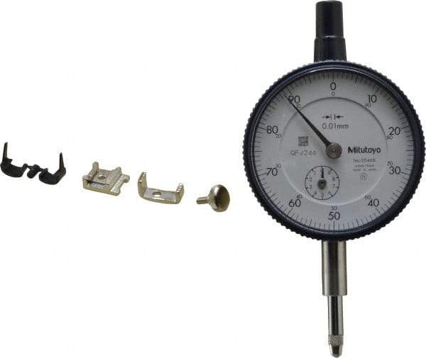 Mitutoyo - 10mm Range, 0-100 Dial Reading, 0.01mm Graduation Dial Drop Indicator - 2-3/16" Dial, 1mm Range per Revolution, 0.013mm Accuracy, Revolution Counter - Apex Tool & Supply