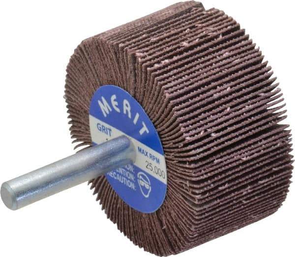 Merit Abrasives - 2" Diam x 1" Face Width, Very Fine Ceramic Alumina Coated Mounted Flap Wheel - 1/4" Shank Mount, 180 Grit, Cloth Backing, 25,000 Max RPM - Apex Tool & Supply