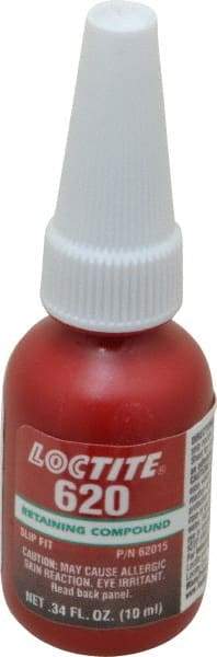 Loctite - 10 mL Bottle, Green, Medium Strength Liquid Retaining Compound - Series 620, 24 hr Full Cure Time, Heat Removal - Apex Tool & Supply