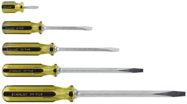 Stanley - 5 Piece Slotted & Stubby Screwdriver Set - Blade Sizes: Length 1-1/2, 4, 6, 8 & 12, Width 1/4, 5/16 & 3/8 - Apex Tool & Supply