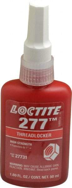 Loctite - 50 mL Bottle, Red, High Strength Liquid Threadlocker - Series 277, 24 hr Full Cure Time, Hand Tool, Heat Removal - Apex Tool & Supply