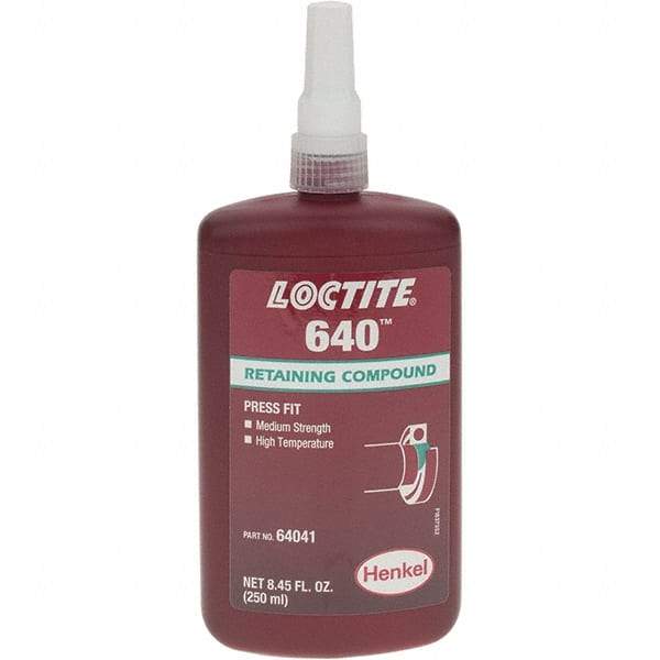 Loctite - 250 mL, Green, Medium Strength Liquid Retaining Compound - Series 640, 24 hr Full Cure Time - Apex Tool & Supply