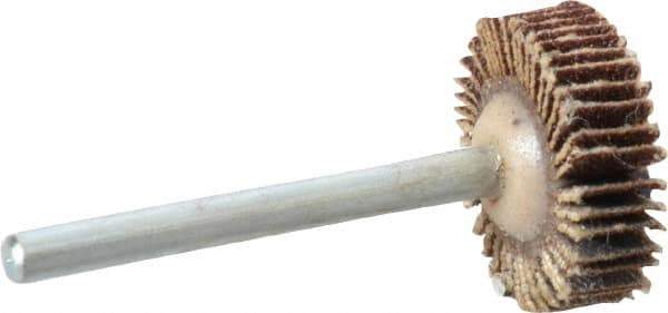 Merit Abrasives - 3/4" Diam x 3/16" Face Width, Fine Aluminum Oxide Coated Mounted Flap Wheel - 1/8" Shank Mount, 120 Grit, Cloth Backing, 35,000 Max RPM - Apex Tool & Supply