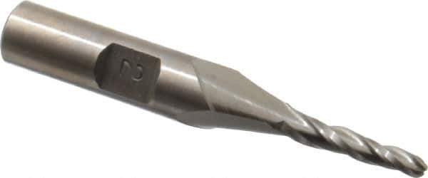 Made in USA - 2° Taper Angle per Side, 1/8" Small End Diam, 3/4" LOC, High Speed Steel 3 Flute Tapered Ball End Mill - 2-1/2" OAL, 3/8" Shank Diam - Apex Tool & Supply