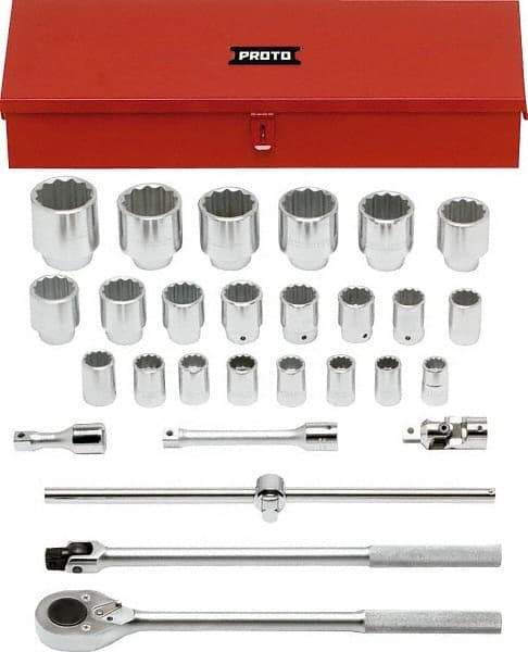 Proto - 28 Piece 3/4" Drive Chrome Finish Socket Set - 12 Points, 21mm to 60mm Range, Metric Measurement Standard - Apex Tool & Supply