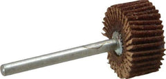 Merit Abrasives - 3/4" Diam x 3/8" Face Width, Medium Aluminum Oxide Coated Mounted Flap Wheel - 1/8" Shank Mount, 80 Grit, Cloth Backing, 35,000 Max RPM - Apex Tool & Supply
