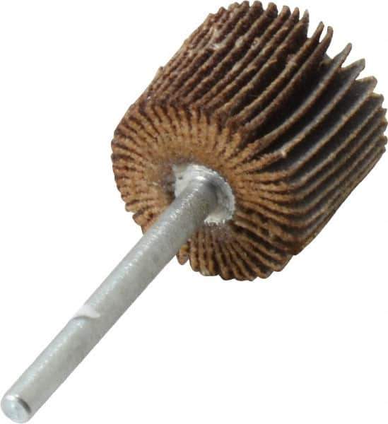 Merit Abrasives - 3/4" Diam x 5/8" Face Width, Medium Aluminum Oxide Coated Mounted Flap Wheel - 1/8" Shank Mount, 80 Grit, Cloth Backing, 35,000 Max RPM - Apex Tool & Supply