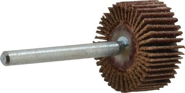 Merit Abrasives - 3/4" Diam x 3/8" Face Width, Fine Aluminum Oxide Coated Mounted Flap Wheel - 1/8" Shank Mount, 120 Grit, Cloth Backing, 35,000 Max RPM - Apex Tool & Supply