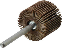 Merit Abrasives - 3/4" Diam x 5/8" Face Width, Fine Aluminum Oxide Coated Mounted Flap Wheel - 1/8" Shank Mount, 120 Grit, Cloth Backing, 35,000 Max RPM - Apex Tool & Supply