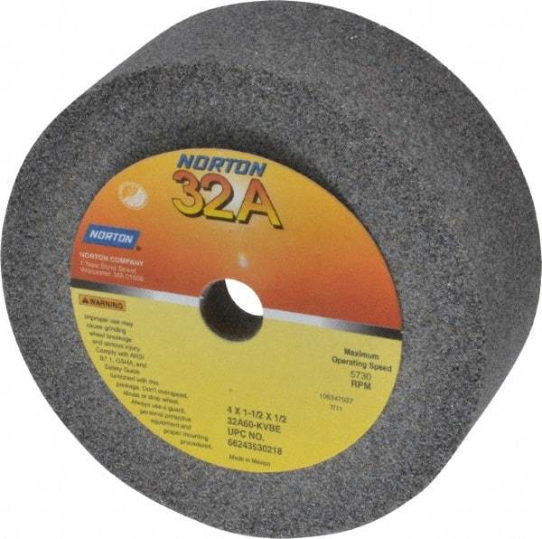 Norton - 4" Diam, 1/2" Hole Size, 1-1/2" Overall Thickness, 60 Grit, Type 6 Tool & Cutter Grinding Wheel - Medium Grade, Aluminum Oxide, K Hardness, Vitrified Bond, 5,730 RPM - Apex Tool & Supply