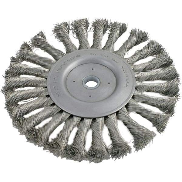 Brush Research Mfg. - 3" OD, 3/8 & 1/2" Arbor Hole, Knotted Stainless Steel Wheel Brush - 7/16" Face Width, 1/2" Trim Length, 20,000 RPM - Apex Tool & Supply