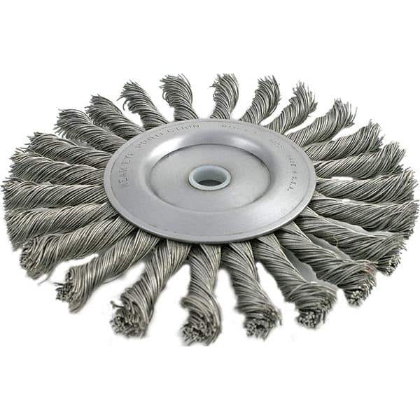 Brush Research Mfg. - 4" OD, 5/8-11 Arbor Hole, Knotted Stainless Steel Wheel Brush - 3/8" Face Width, 13/16" Trim Length, 20,000 RPM - Apex Tool & Supply