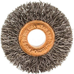 Brush Research Mfg. - 1-1/2" OD, 3/8" Arbor Hole, Crimped Carbon Wheel Brush - 1/4" Face Width, 3/8" Trim Length, 20,000 RPM - Apex Tool & Supply