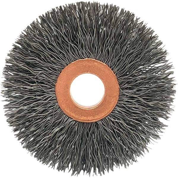 Brush Research Mfg. - 3-1/2" OD, 1/2" Arbor Hole, Crimped Carbon Wheel Brush - 5/8" Face Width, 5/16" Trim Length, 20,000 RPM - Apex Tool & Supply
