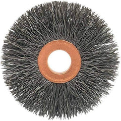 Brush Research Mfg. - 3-1/2" OD, 1/2" Arbor Hole, Crimped Carbon Wheel Brush - 5/8" Face Width, 5/16" Trim Length, 20,000 RPM - Apex Tool & Supply