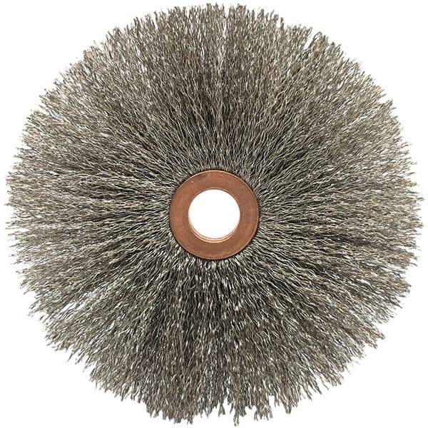 Brush Research Mfg. - 4" OD, 1/2" Arbor Hole, Crimped Stainless Steel Wheel Brush - 5/8" Face Width, 1-9/16" Trim Length, 20,000 RPM - Apex Tool & Supply