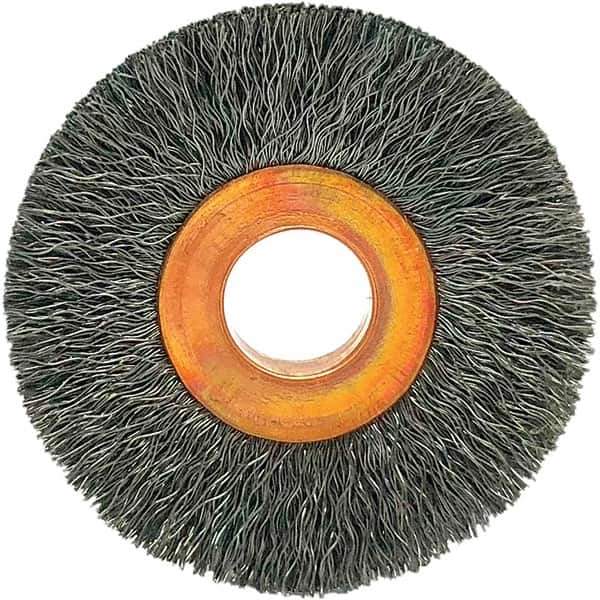 Brush Research Mfg. - 1-1/2" OD, 3/8" Arbor Hole, Crimped Carbon Wheel Brush - 1/4" Face Width, 3/8" Trim Length, 20,000 RPM - Apex Tool & Supply