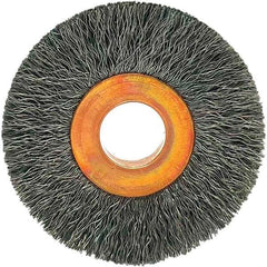 Brush Research Mfg. - 1-1/2" OD, 3/8" Arbor Hole, Crimped Carbon Wheel Brush - 1/4" Face Width, 3/8" Trim Length, 20,000 RPM - Apex Tool & Supply