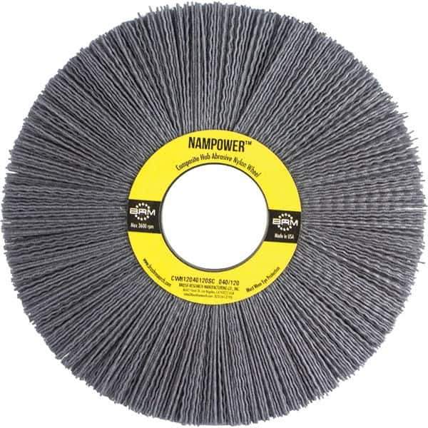 Brush Research Mfg. - 8" OD, 2" Arbor Hole, Crimped Abrasive Nylon Wheel Brush - 1" Face Width, 2-1/2" Trim Length, 3,600 RPM - Apex Tool & Supply