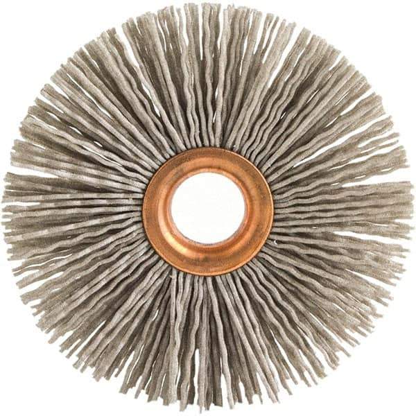 Brush Research Mfg. - 1-1/4" OD, 3/8" Arbor Hole, Crimped Abrasive Nylon Wheel Brush - 5/16" Face Width, 1/4" Trim Length, 20,000 RPM - Apex Tool & Supply