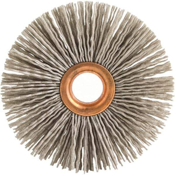 Brush Research Mfg. - 4" OD, 5/8" Arbor Hole, Crimped Abrasive Nylon Wheel Brush - 3/4" Face Width, 1-7/16" Trim Length, 20,000 RPM - Apex Tool & Supply