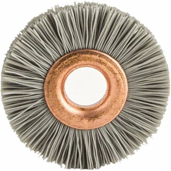 Brush Research Mfg. - 1-1/4" OD, 3/8" Arbor Hole, Crimped Abrasive Nylon Wheel Brush - 5/16" Face Width, 1/4" Trim Length, 20,000 RPM - Apex Tool & Supply