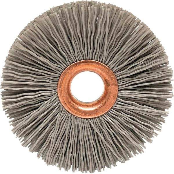 Brush Research Mfg. - 3-1/2" OD, 5/8" Arbor Hole, Crimped Abrasive Nylon Wheel Brush - 3/4" Face Width, 3/16" Trim Length, 20,000 RPM - Apex Tool & Supply