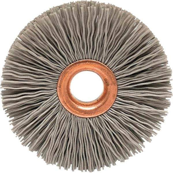 Brush Research Mfg. - 2" OD, 1/2" Arbor Hole, Crimped Abrasive Nylon Wheel Brush - 1/2" Face Width, 1/2" Trim Length, 20,000 RPM - Apex Tool & Supply