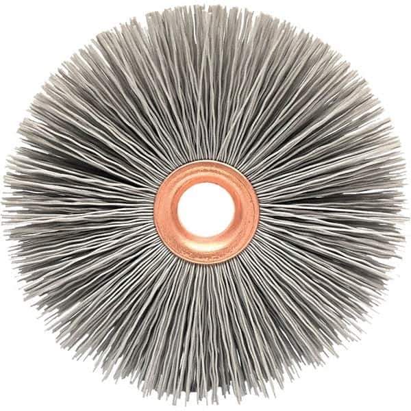 Brush Research Mfg. - 1-1/2" OD, 3/8" Arbor Hole, Crimped Abrasive Nylon Wheel Brush - 5/16" Face Width, 3/8" Trim Length, 20,000 RPM - Apex Tool & Supply