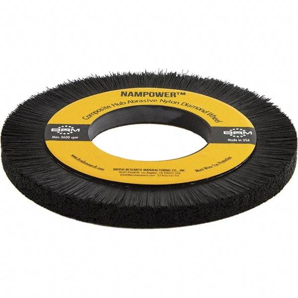 Brush Research Mfg. - 7-7/8" OD, 3-1/4" Arbor Hole, Crimped Abrasive Nylon Wheel Brush - 0.394" Face Width, 1.1811" Trim Length, 3,600 RPM - Apex Tool & Supply