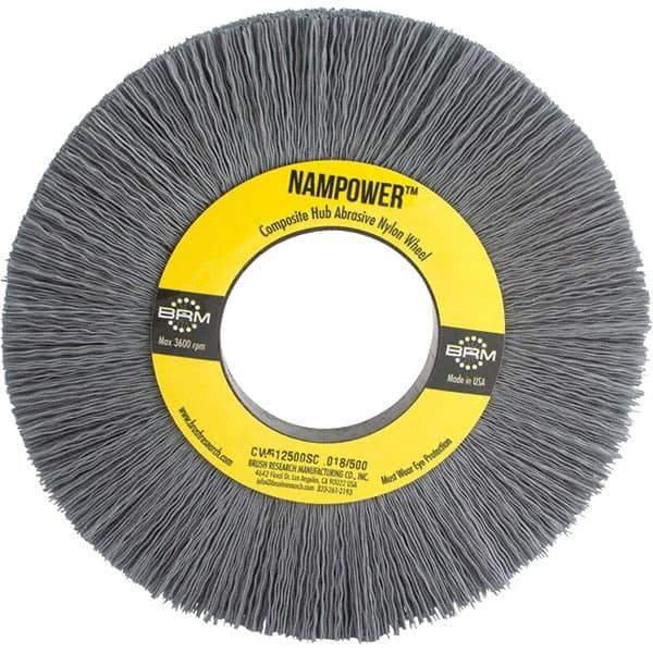 Brush Research Mfg. - 6" OD, 2" Arbor Hole, Crimped Abrasive Nylon Wheel Brush - 1/2" Face Width, 1-1/2" Trim Length, 3,600 RPM - Apex Tool & Supply