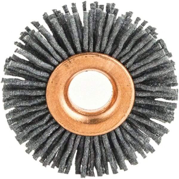 Brush Research Mfg. - 1-1/2" OD, 3/8" Arbor Hole, Crimped Abrasive Nylon Wheel Brush - 5/16" Face Width, 3/8" Trim Length, 20,000 RPM - Apex Tool & Supply