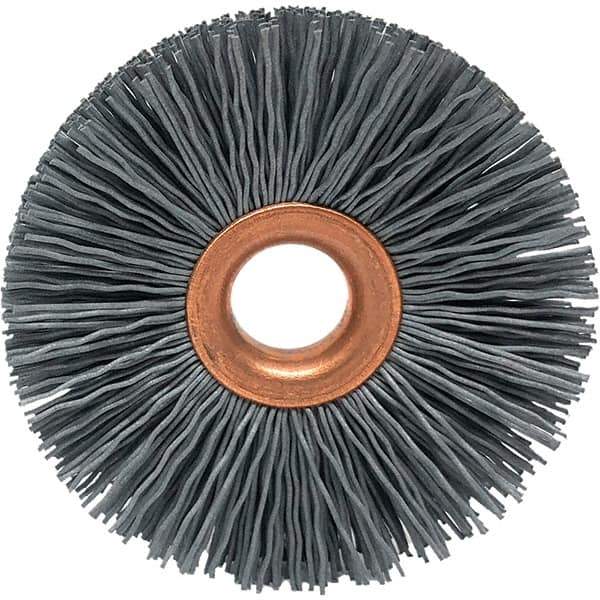 Brush Research Mfg. - 1-1/4" OD, 3/8" Arbor Hole, Crimped Abrasive Nylon Wheel Brush - 5/16" Face Width, 1/4" Trim Length, 20,000 RPM - Apex Tool & Supply