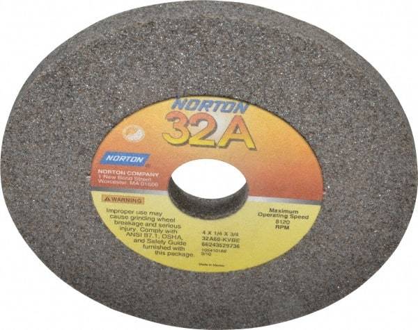 Norton - 60 Grit Aluminum Oxide Type 1 Internal Grinding Wheel - 4" Diam x 3/4" Hole x 1/4" Thick, 8,120 Max RPM, Type 1 Medium Grade, K Hardness, Vitrified Bond, No Recess - Apex Tool & Supply