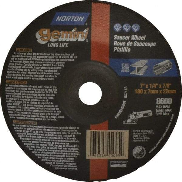 Norton - 24 Grit, 7" Wheel Diam, 1/4" Wheel Thickness, 7/8" Arbor Hole, Type 28 Depressed Center Wheel - Aluminum Oxide, 8,600 Max RPM, Compatible with Angle Grinder - Apex Tool & Supply