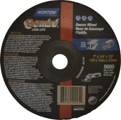 Norton - 24 Grit, 7" Wheel Diam, 1/4" Wheel Thickness, 7/8" Arbor Hole, Type 28 Depressed Center Wheel - Aluminum Oxide, 8,600 Max RPM, Compatible with Angle Grinder - Apex Tool & Supply