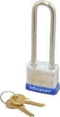 Master Lock - 2-1/2" Shackle Clearance, Keyed Different Padlock - 1/2" Shackle Width, 3/16" Shackle Diam, Laminated Steel - Apex Tool & Supply
